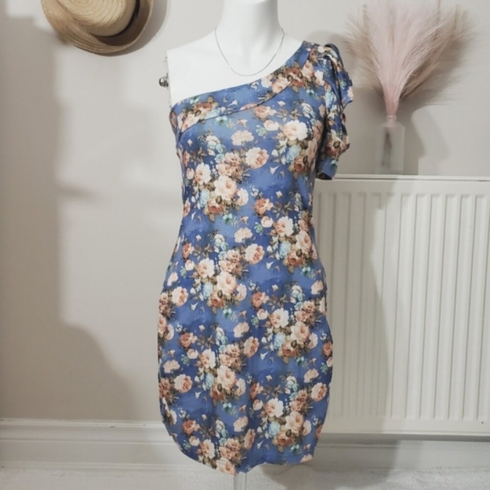 Vintage Retro One Shoulder Puff Sleeve Floral Dress- S
